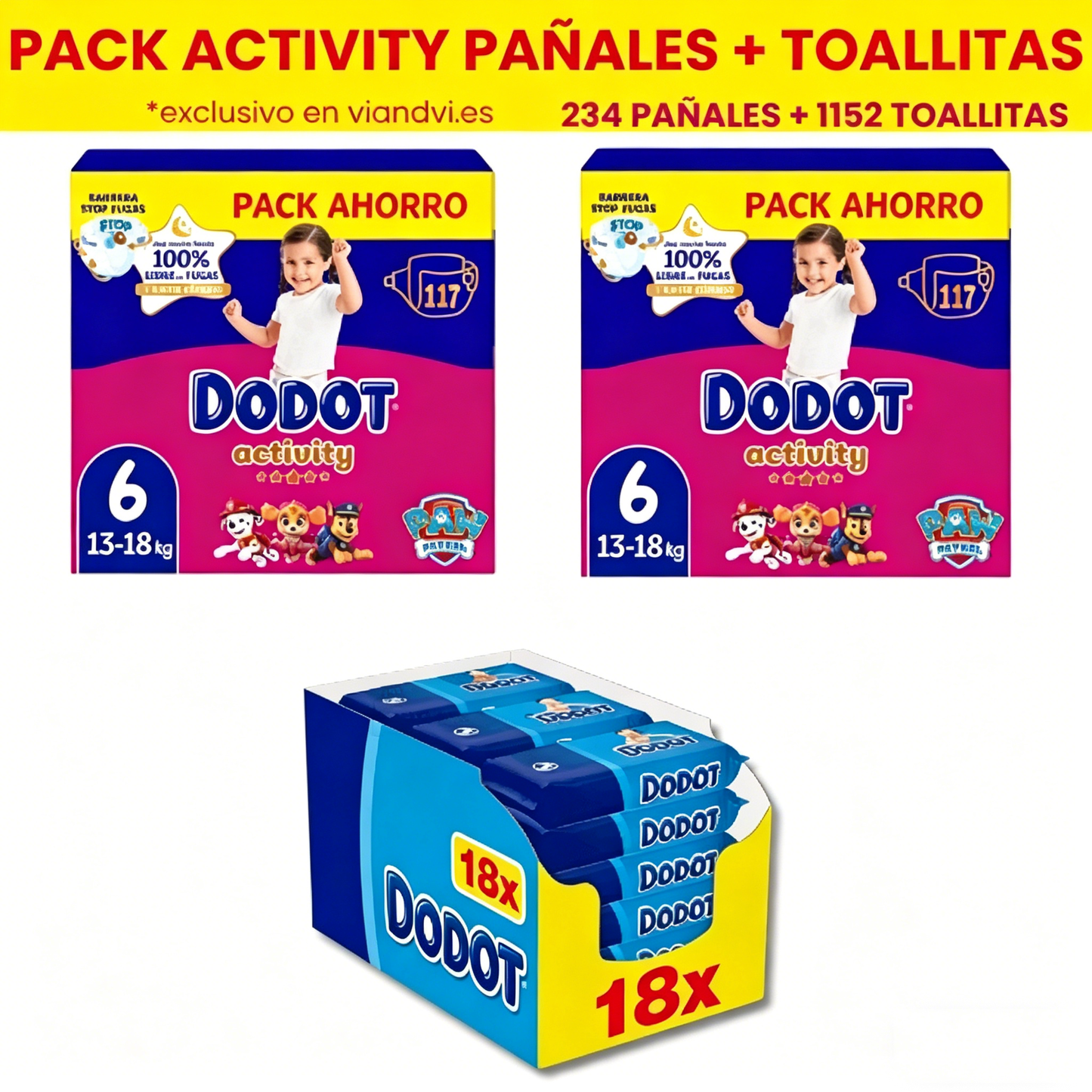 Dodot Activity Talla 6 (13-18kg) Pack Ahorro Pañales + Toallitas