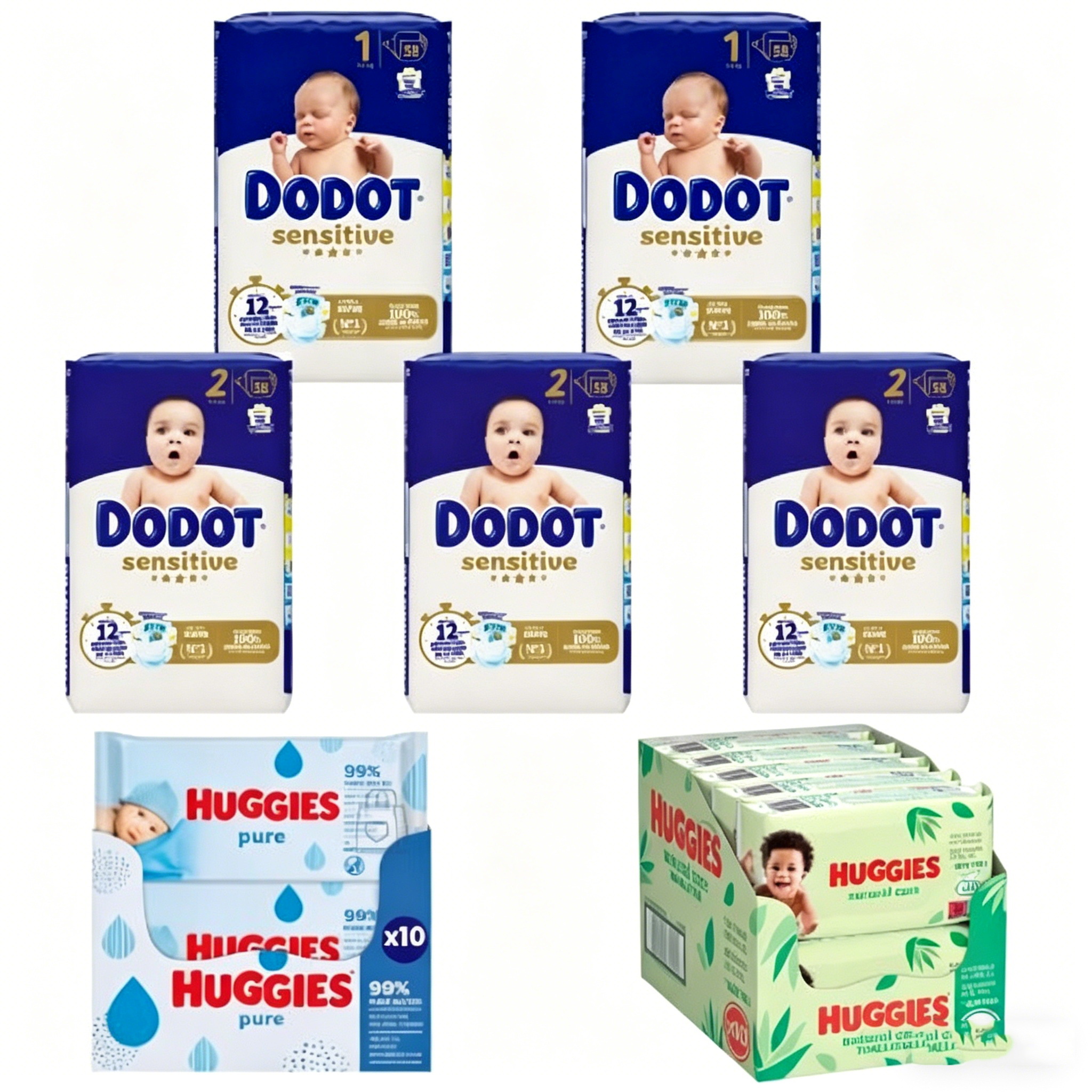 Pack Dodot Sensitive Tallas 1 y 2 (116+174 Pañales) + Toallitas Huggies Pure Aqua y Natural Care (2×560 Uds)